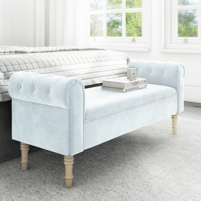 GRADE A1 - Safina Duck Egg Blue Velvet Bench with Quilted Arm Rest