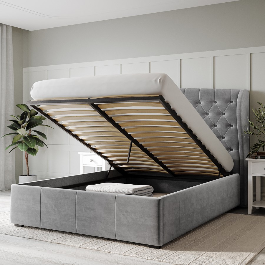 ALMOST PERFECT - Grey Velvet Double Ottoman Bed with Winged Headboard - Safina