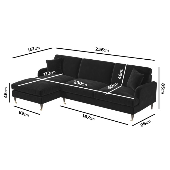 Black Velvet Left Hand Facing Corner 4 Seater Sofa - Payton