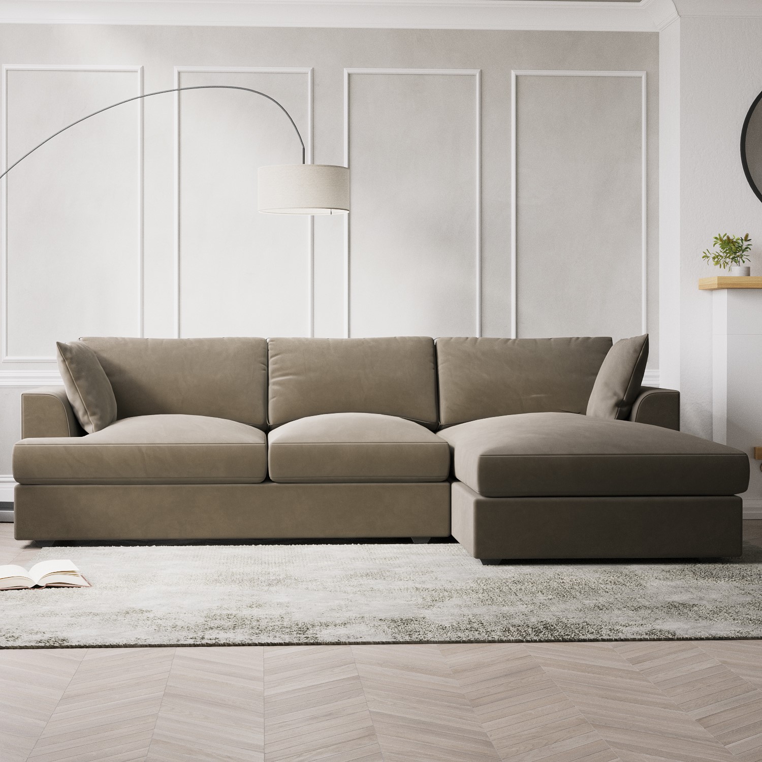 Large Mink Velvet Right Hand 4 Seater Chaise Corner Sofa