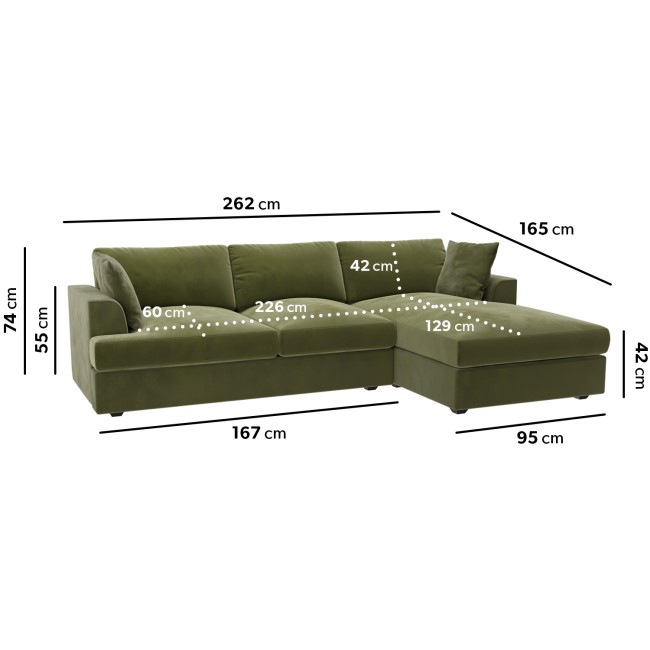 Olive Green Velvet Right Hand 4 Seater Chaise Corner Sofa - August