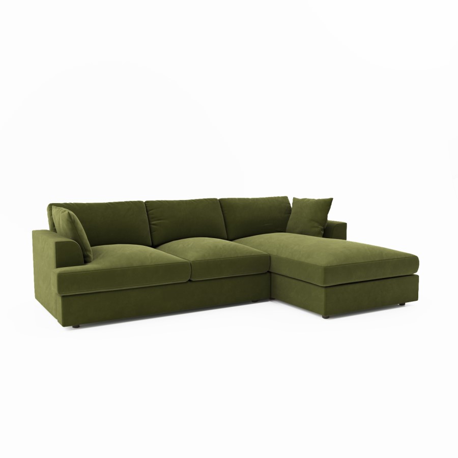 Olive Green Velvet Right Hand 4 Seater Chaise Corner Sofa - August