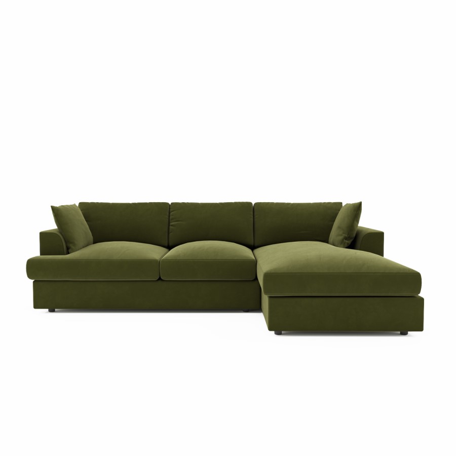 Olive Green Velvet Right Hand 4 Seater Chaise Corner Sofa - August