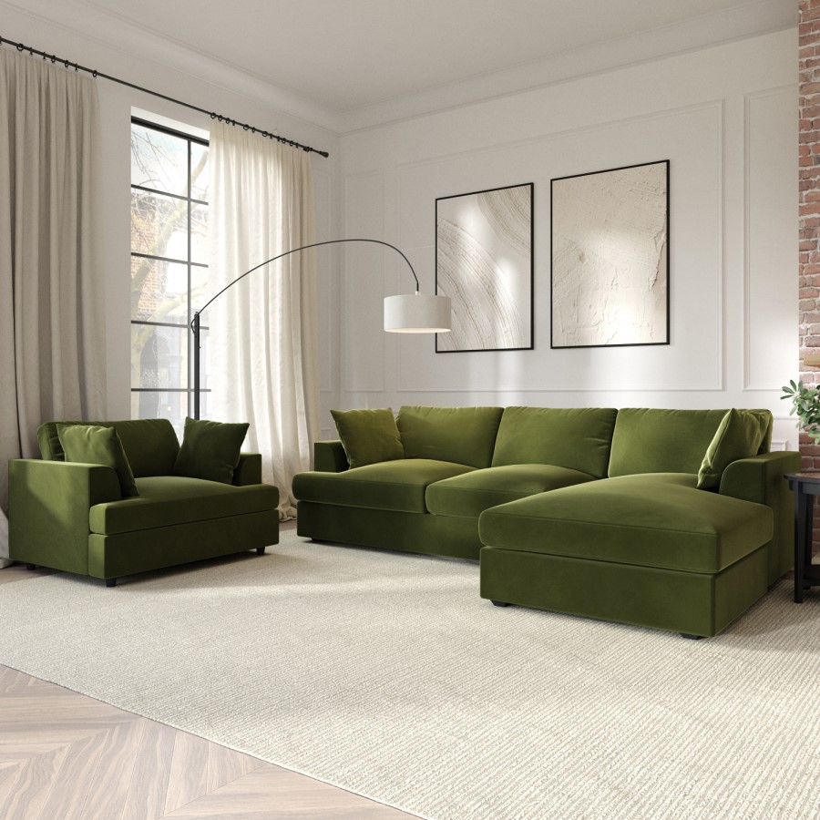 Olive Green Velvet Right Hand 4 Seater Chaise Corner Sofa - August