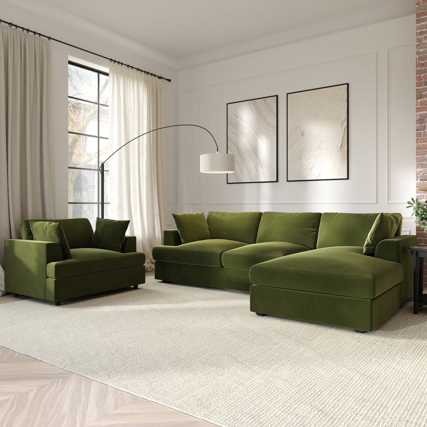 Olive Green Velvet Right Hand 4 Seater Chaise Corner Sofa - August ...