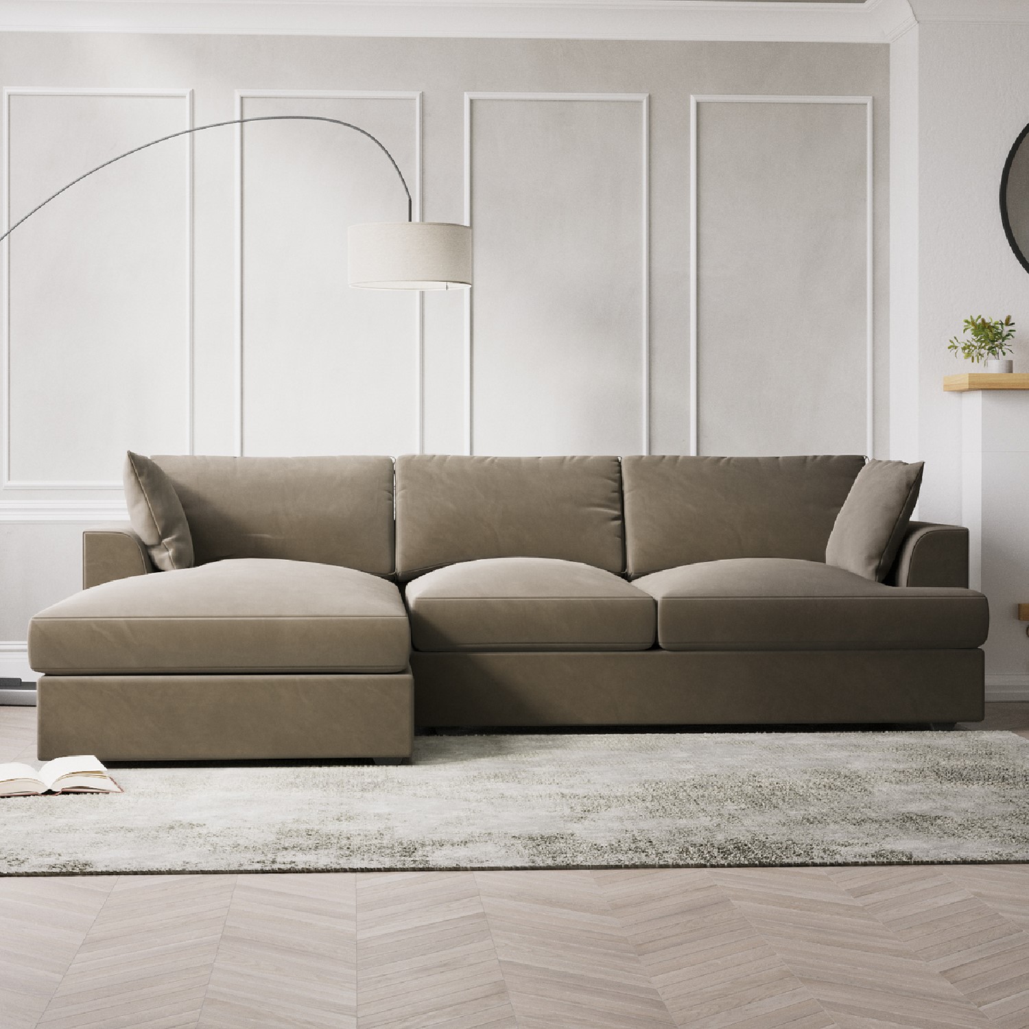 Mink Velvet Left Hand 4 Seater Chaise Corner Sofa