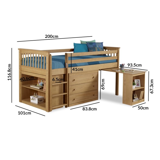 Windermere Solid Pine Mid Sleeper with Pull Out Desk