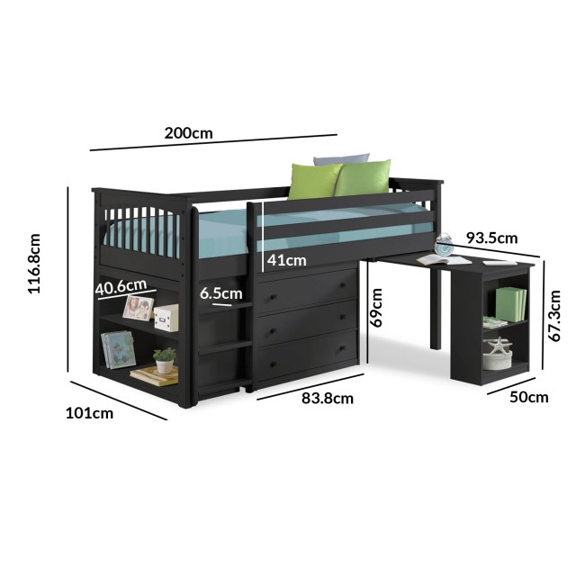 Grey Mid Sleeper Cabin Bed with Storage and Desk - Windermere