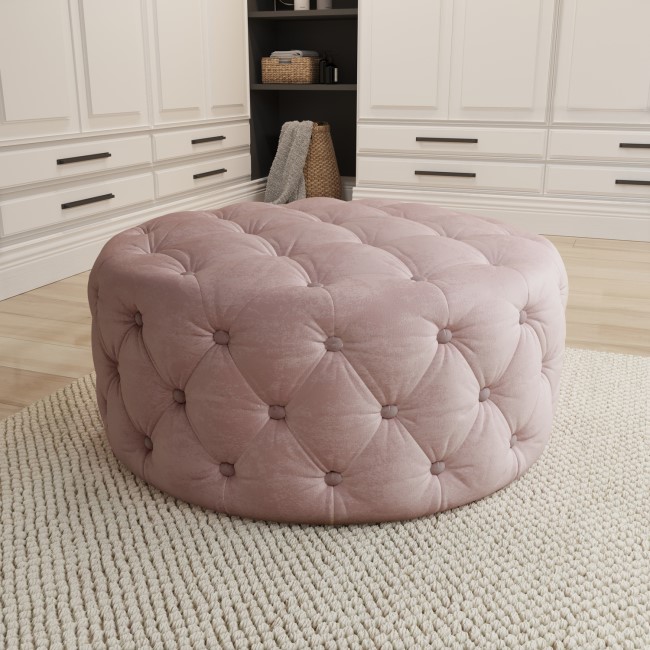 GRADE A1 - Xena Large Quilted Button Pouffe in Baby Pink Velvet