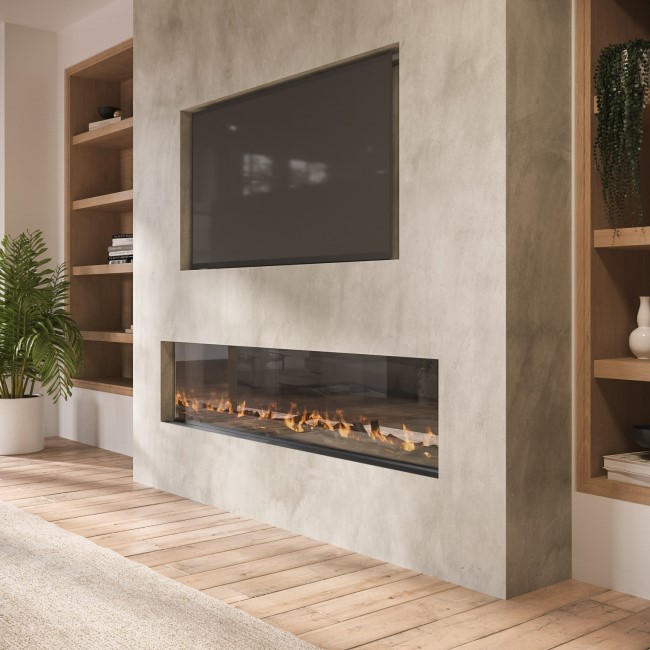 ALMOST PERFECT - Black Inset Media Wall Electric Fireplace with Glass Configurated Front and Sides 60 Inch - Amberglo