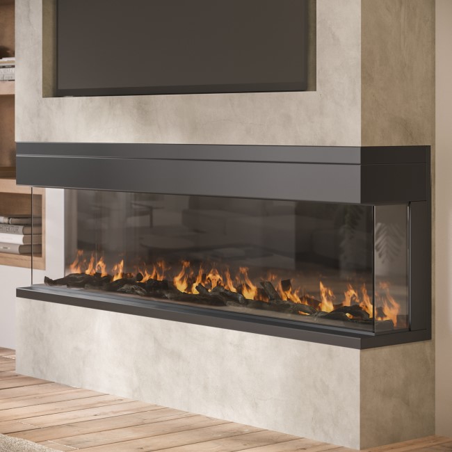 ALMOST PERFECT - Black Inset Media Wall Electric Fireplace with Glass Configurated Front and Sides 60 Inch - Amberglo