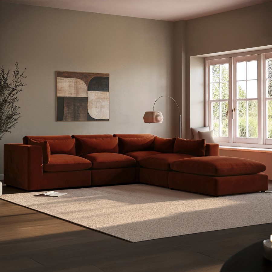 ALMOST PERFECT - Large Burnt Orange Velvet 5 Seater Modular Corner Sofa - Hudson