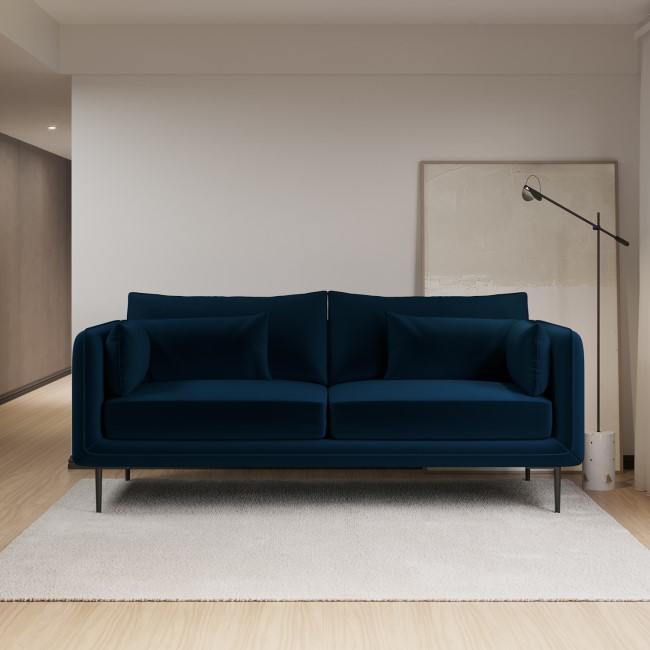 Navy Velvet 3 Seater Sofa with Square Arms- Lenny