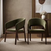 ALMOST PERFECT - Set of 2 Walnut & Olive Green Velvet Curved Dining Chairs - Owen