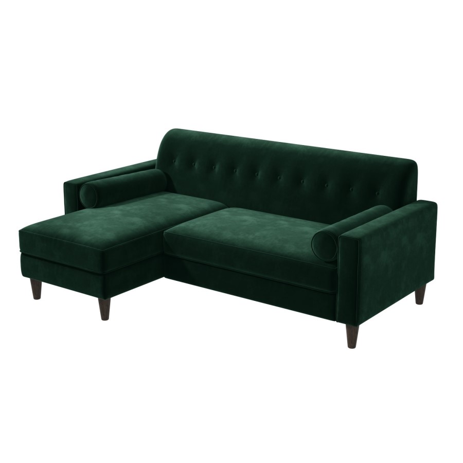 Green Velvet Left Hand 3 Seater Small Chaise Corner Sofa - Idris