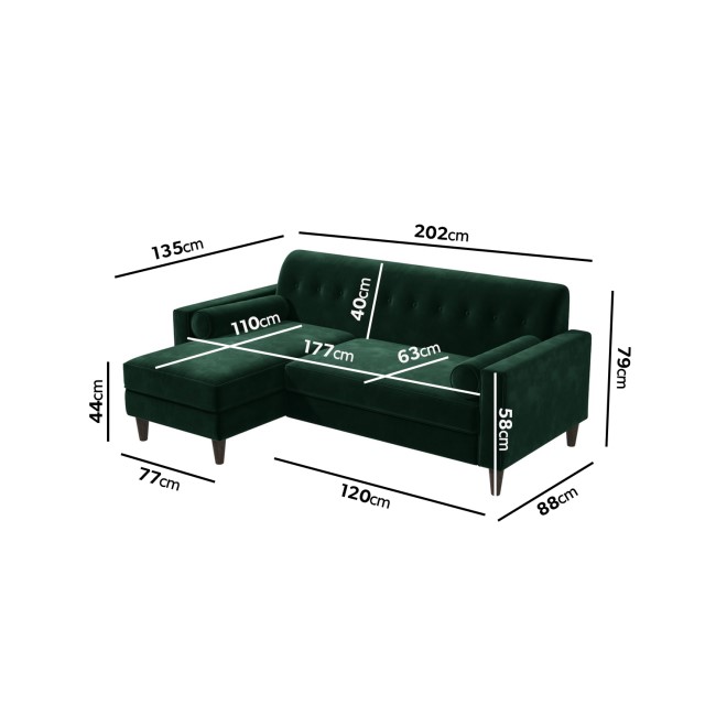 GRADE A1 - Left Hand Facing Dark Green Velvet Corner Sofa with Bolster Cushions - Seats 3 - Idris