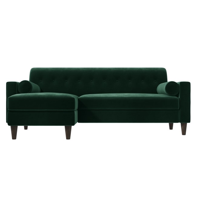 GRADE A1 - Left Hand Facing Dark Green Velvet Corner Sofa with Bolster Cushions - Seats 3 - Idris