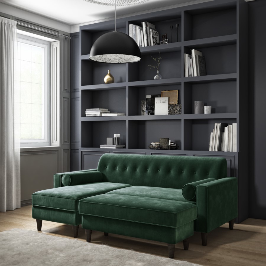 Green Velvet Left Hand 3 Seater Small Chaise Corner Sofa - Idris