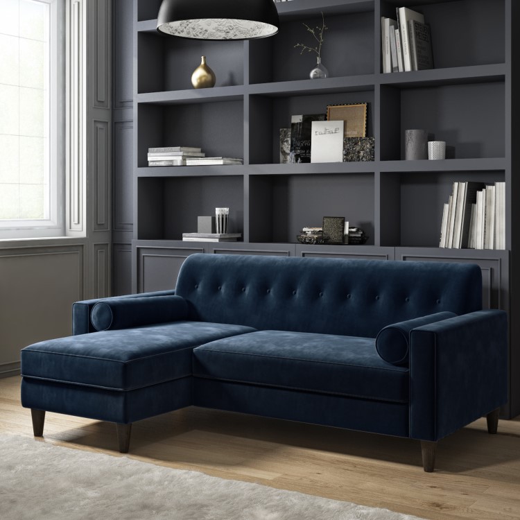 Navy Velvet Left Hand 3 Seater Small Corner Sofa - Idris