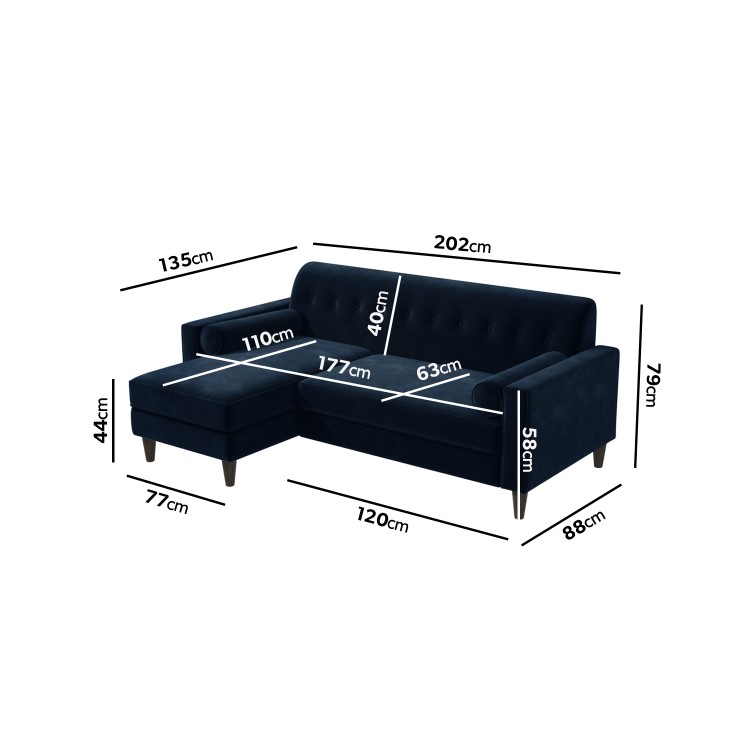 Navy Velvet Left Hand 3 Seater Small Corner Sofa - Idris