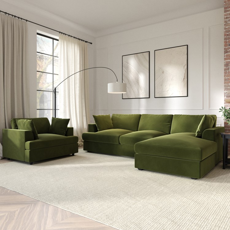 Olive Green Velvet Right Hand 4 Seater Corner Sofa - August