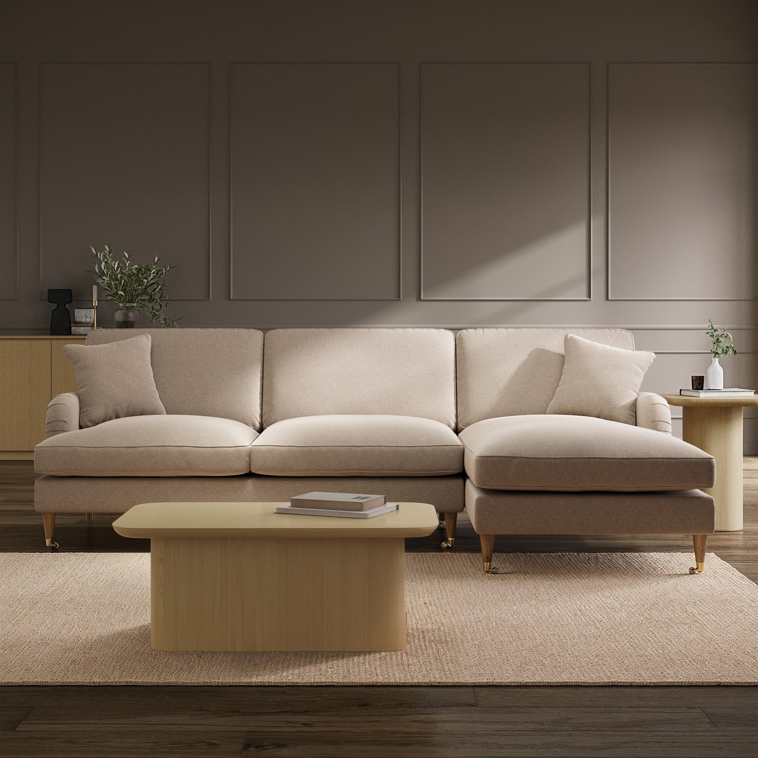 Payton Beige Fabric Right Hand Facing 4 Seater Chaise Corner Sofa