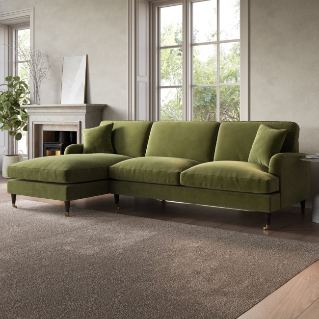 Olive Green Velvet Left Hand Facing 4 Seater Corner Sofa - Payton