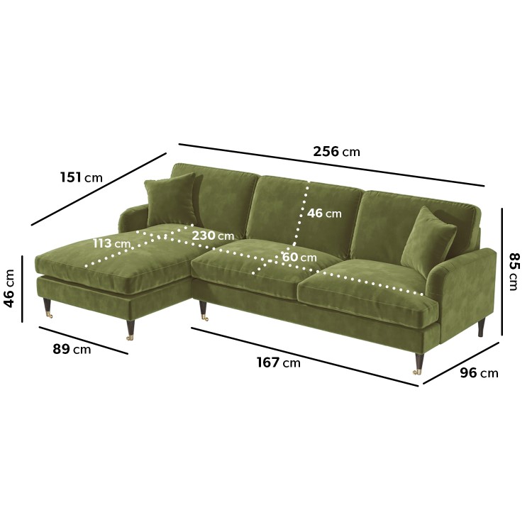 Olive Green Velvet Left Hand Facing 4 Seater Corner Sofa - Payton