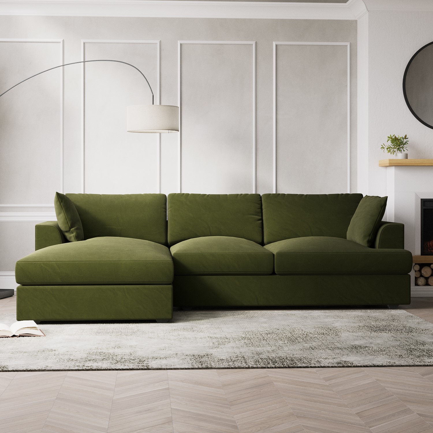 Olive Green Velvet Left Hand 4 Seater Chaise Corner Sofa