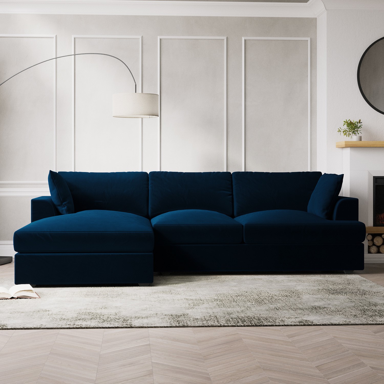 Navy Blue Velvet Left Hand 4 Seater Chaise Corner Sofa