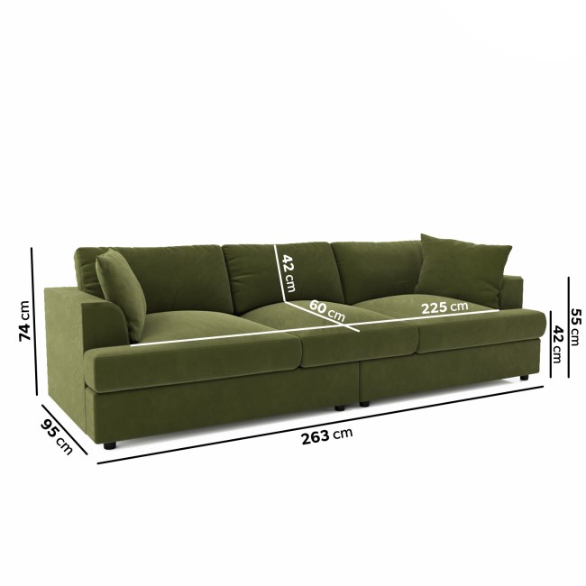 Large Olive Green Velvet 4 Seater Sofa - August