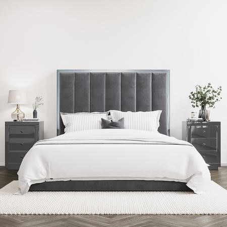 Grey Velvet Double Ottoman Bed With, Extra Wide King Size Headboard