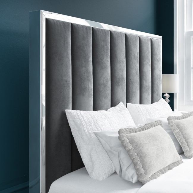 Grey Velvet Double Ottoman Bed with High Headboard - Aaliyah