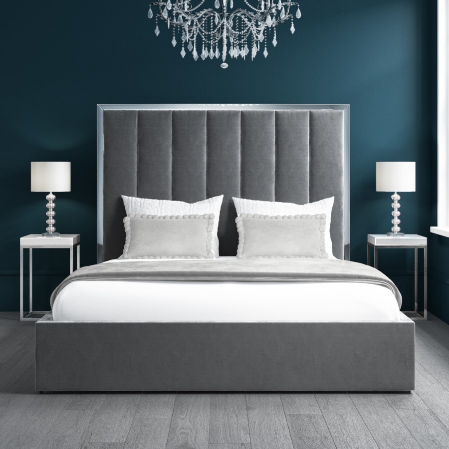 GRADE A2 - Aaliyah Grey Velvet King Size Ottoman Bed with Chrome Headboard Trim
