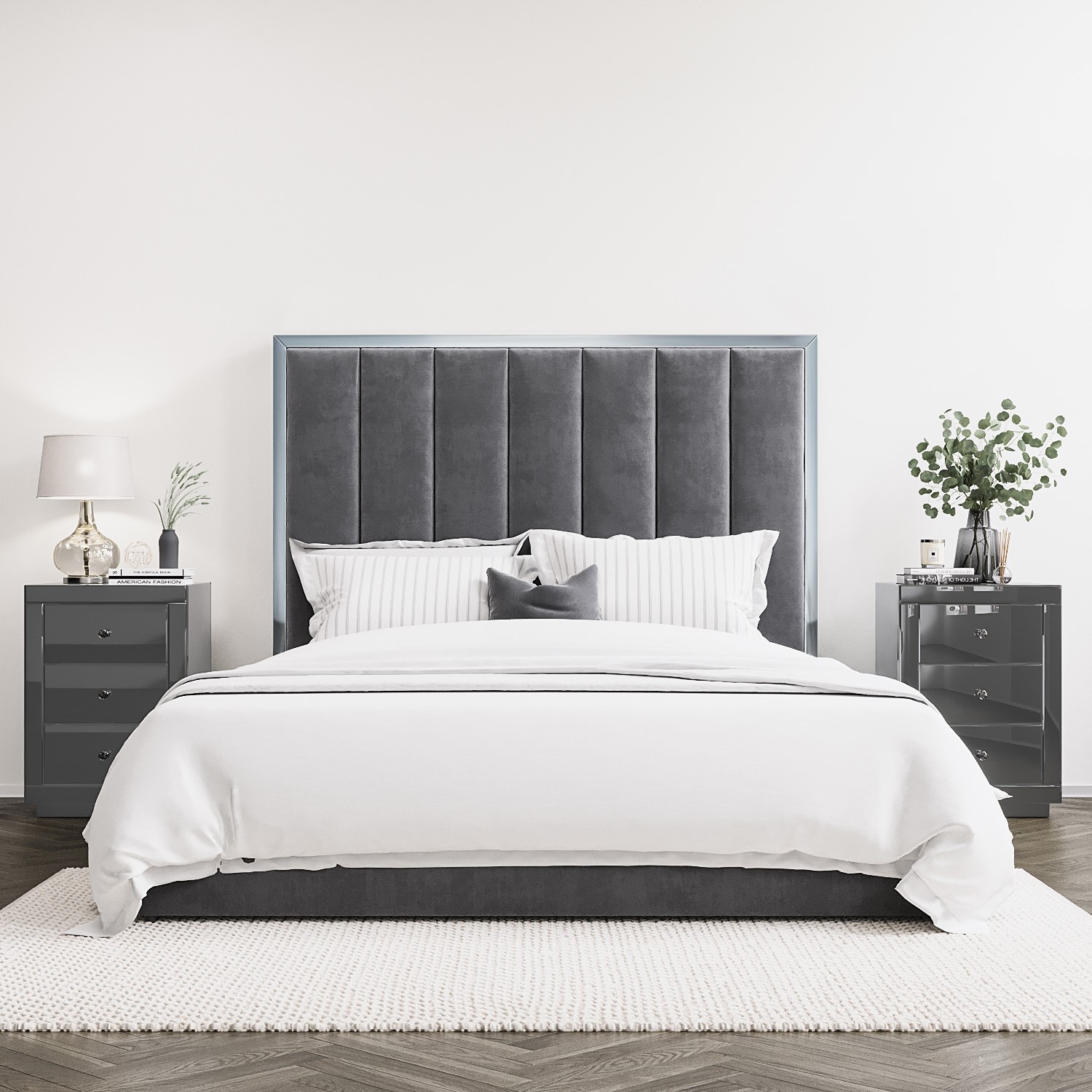 Grey Velvet King Size Ottoman Bed With, Grey Velvet Upholstered Headboard