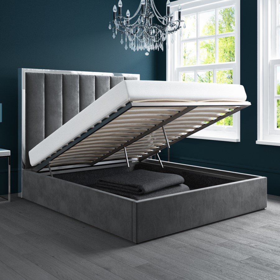 GRADE A2 - Aaliyah Grey Velvet King Size Ottoman Bed with Chrome Headboard Trim
