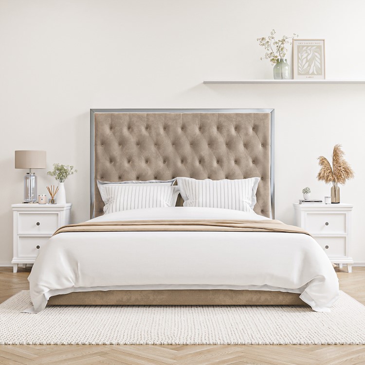 Beige Velvet Double Ottoman Bed with High Headboard - Aaliyah