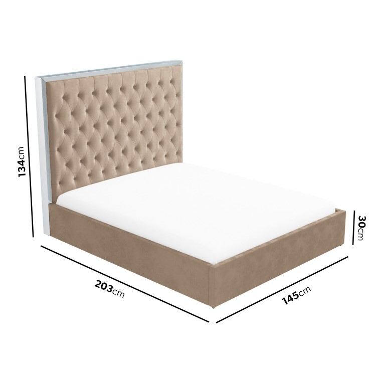 Beige Velvet Double Ottoman Bed with High Headboard - Aaliyah