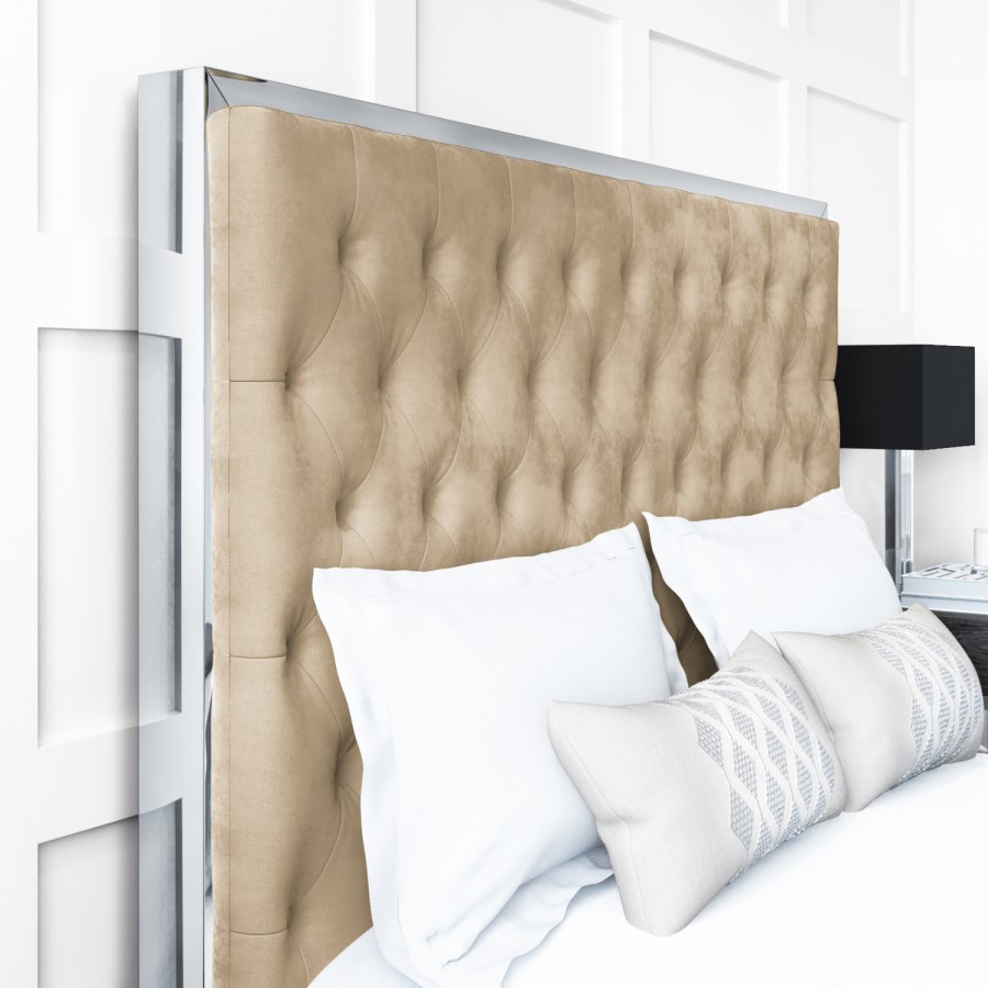 GRADE A1 - Beige Velvet Double Ottoman Bed with Tall Headboard - Aaliyah