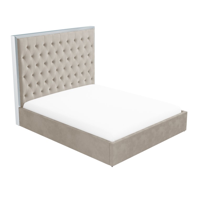 GRADE A1 - Aaliyah Beige Velvet King Size Ottoman Bed with Chrome Headboard Trim