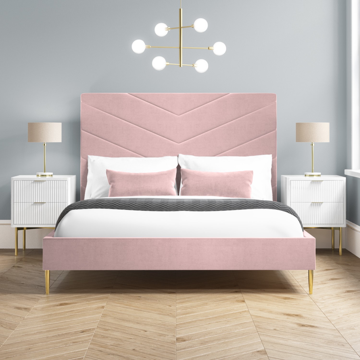 Pink Velvet Double Bed Frame With High, High Headboard Bed Frame