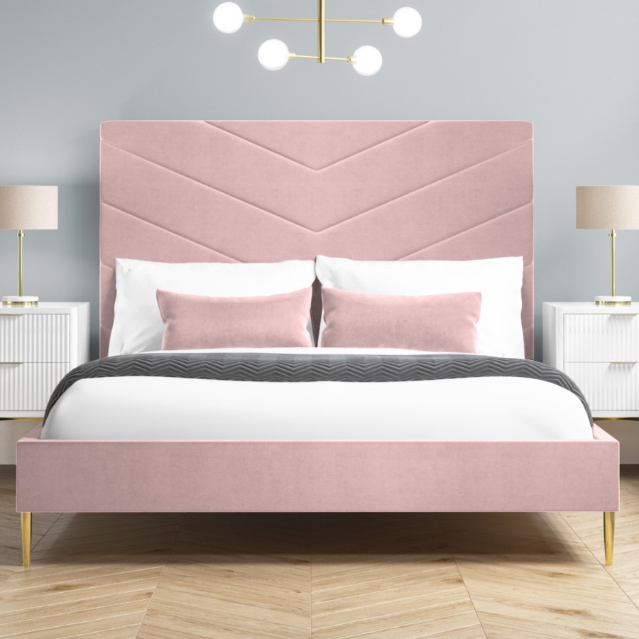 GRADE A1 - Pink Velvet Double Bed Frame with Chevron Headboard - Aaliyah