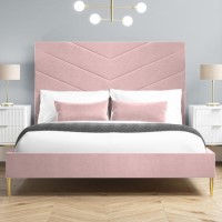 GRADE A1 - Pink Velvet Double Bed Frame with Chevron Headboard - Aaliyah