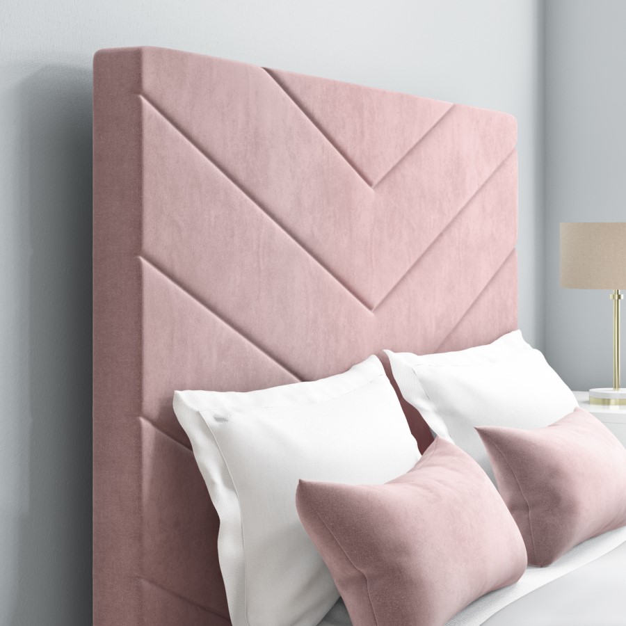 GRADE A1 - Pink Velvet Double Bed Frame with Chevron Headboard - Aaliyah