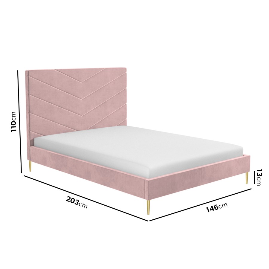 GRADE A1 - Pink Velvet Double Bed Frame with Chevron Headboard - Aaliyah