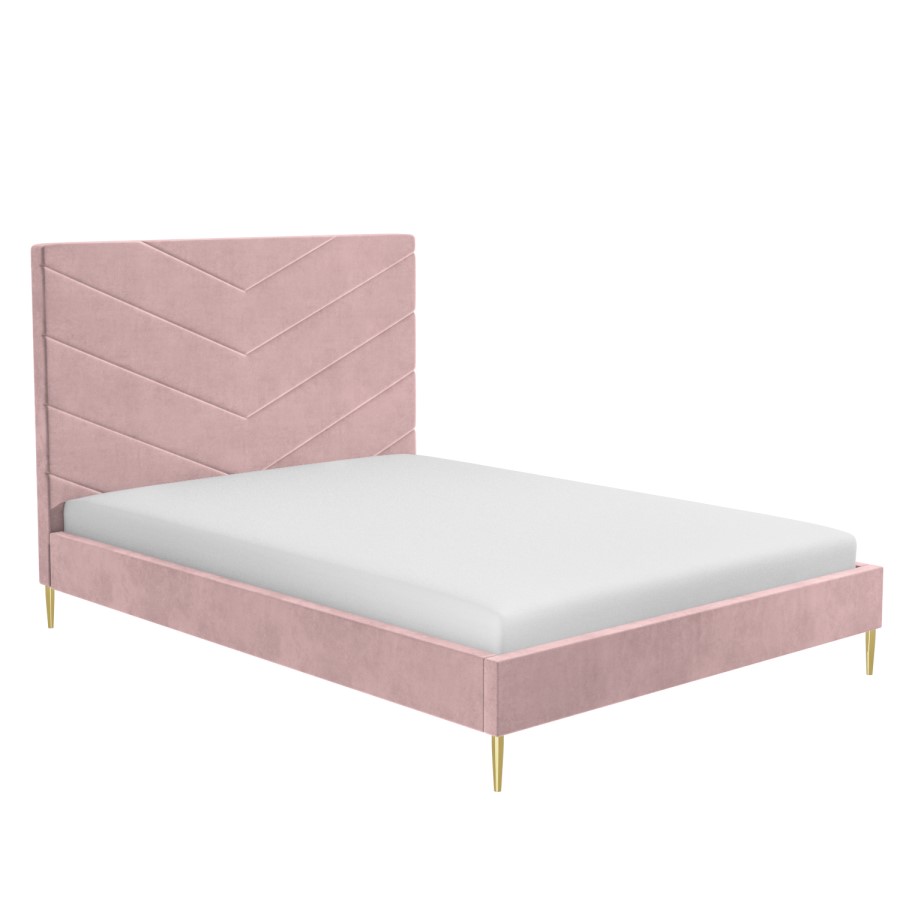 GRADE A1 - Pink Velvet Double Bed Frame with Chevron Headboard - Aaliyah