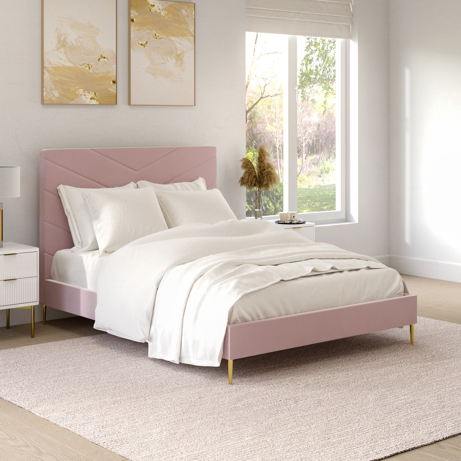 Blush Pink Velvet King Size Bed Frame, High King Bed Frame With Headboard