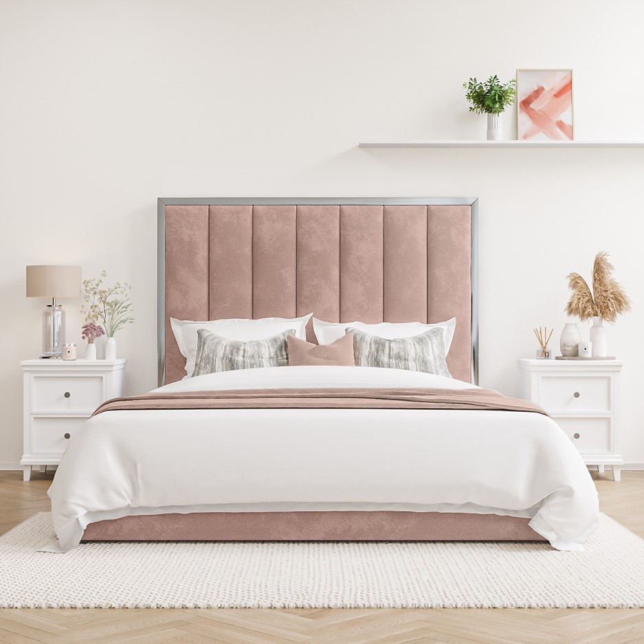 Aaliyah Pink Velvet Double Ottoman Bed With Chrome Headboard Trim 