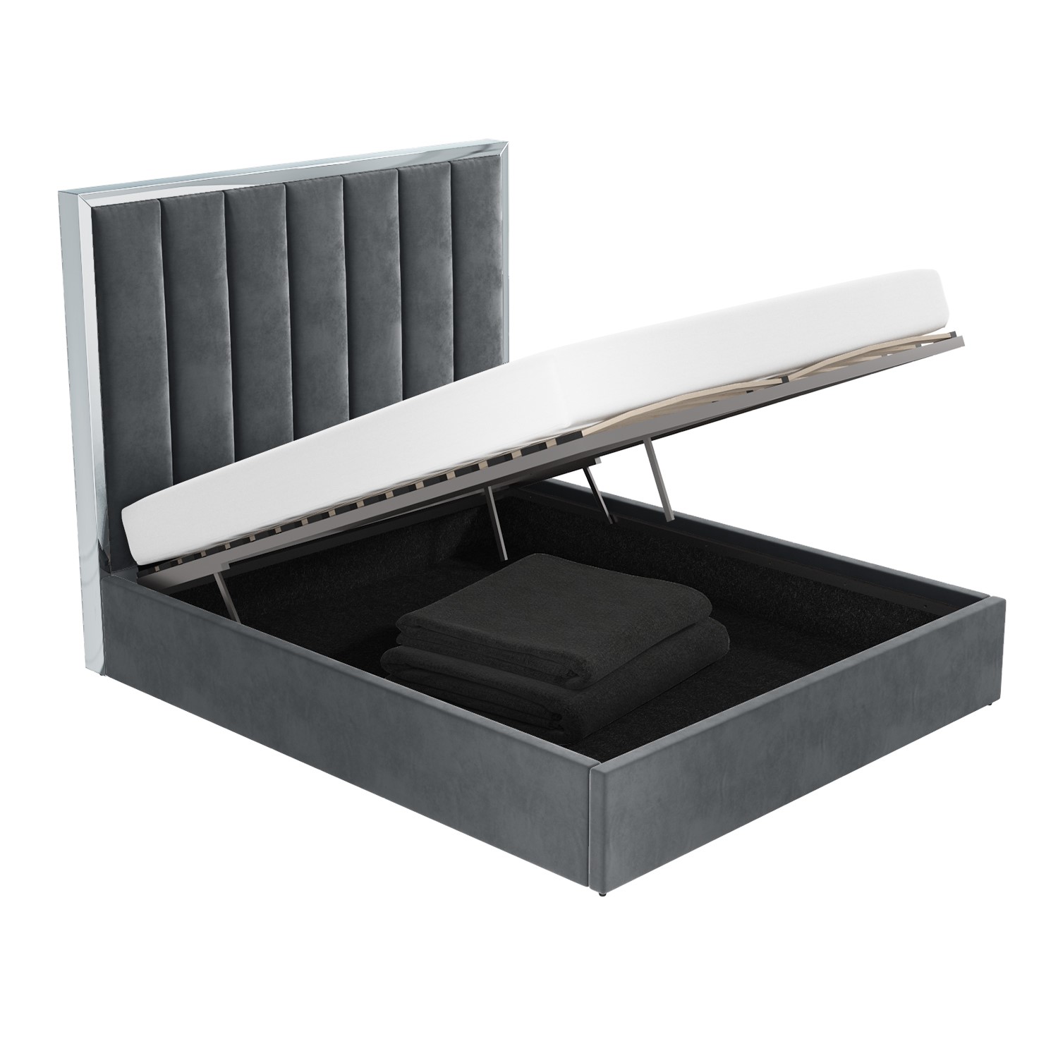 Grey Velvet Double Ottoman Bed with Tall Headboard Aaliyah Furniture123