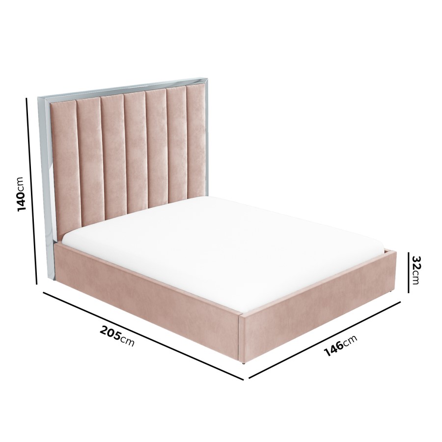 Pink Velvet Double Ottoman Bed with High Headboard - Aaliyah